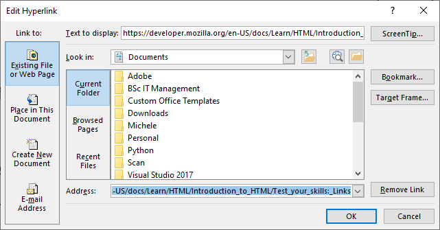Selecting Edit Hyperlink in Word